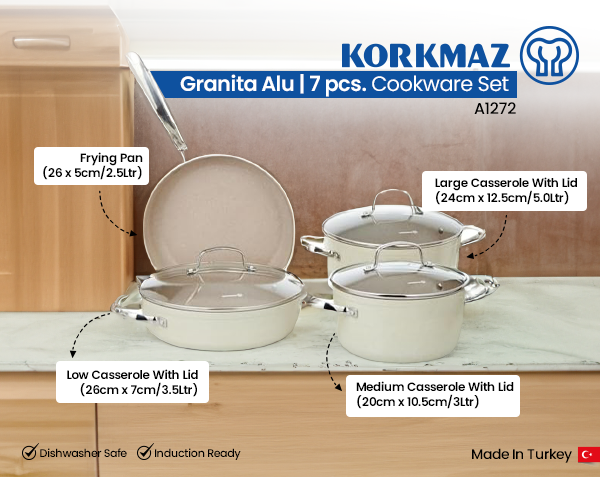 Korkmaz A1272 PCS Creamy Granit Non Stick Stylish 12 PCS Turkish Cookware  set